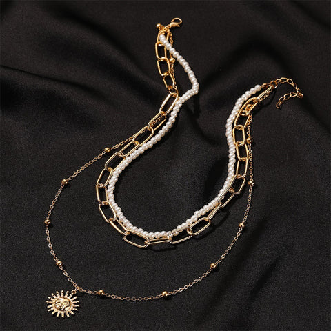 Arzonai new product personality 3-layer sun necklace female personality pearl thick chain multi-layer long Chain Necklace for Women and Girls