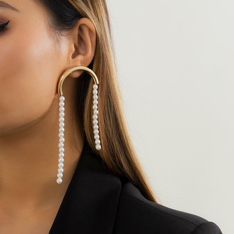 Arzonai long imitation pearl tassel earrings retro cold wind geometric C-shaped metal earrings