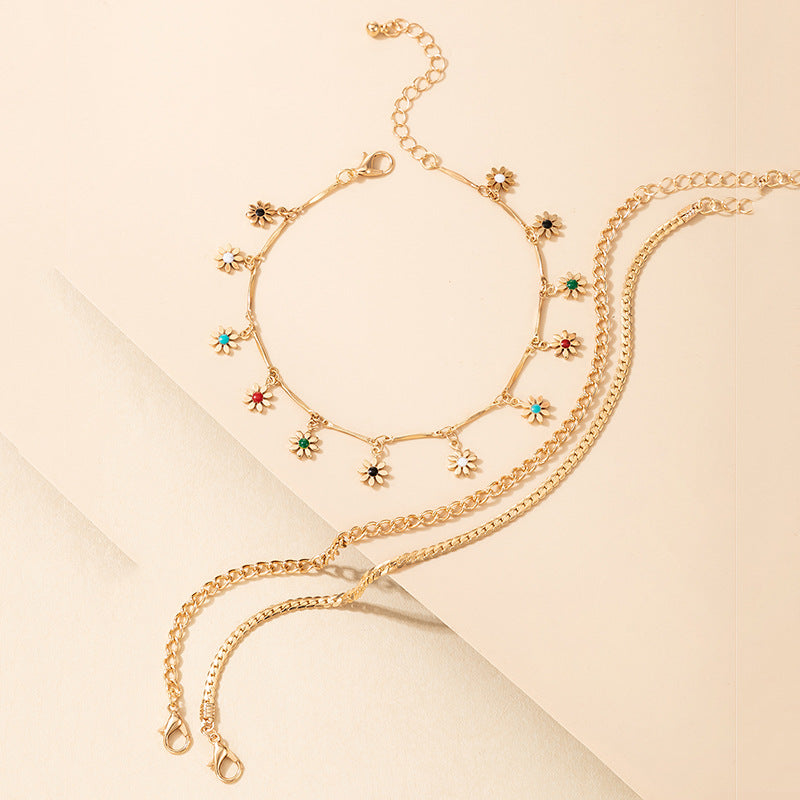 Arzonai Korean version of cross-border multi-layer chain color flower pendant anklet set European and American new gold anklet 3-piece set