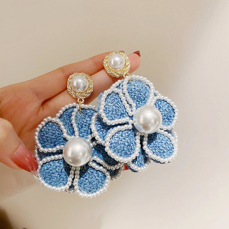 Arzonai  Blue Rose Pearl Drop Earrings for Women Fashion Summer Party Earrings 2022 New Jewelry