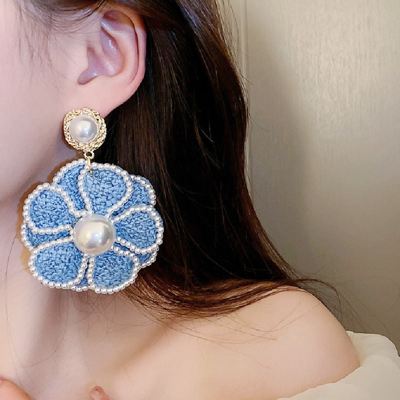 Arzonai  Blue Rose Pearl Drop Earrings for Women Fashion Summer Party Earrings 2022 New Jewelry