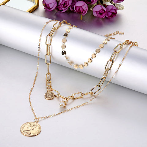 Arzonai Mulsanne head geometric pearl multi-layer pendant necklace retro necklace bohemian ins same style