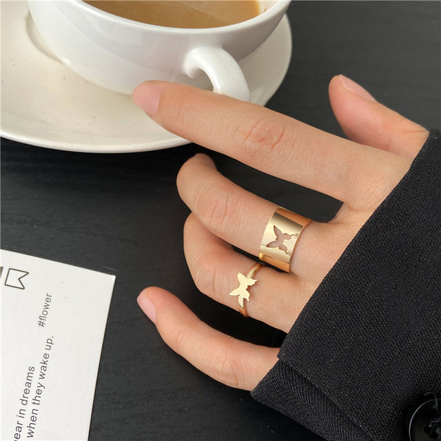 Arzonai Trendy Gold Butterfly Rings Lover Couple Rings Set Friendship Wedding Open Rings women jewelry gift