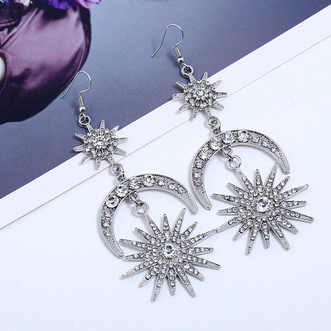 Arzonai European and American explosion models exaggerated fashion exquisite rhinestone geometric star earrings earrings sun moon retro earrings women