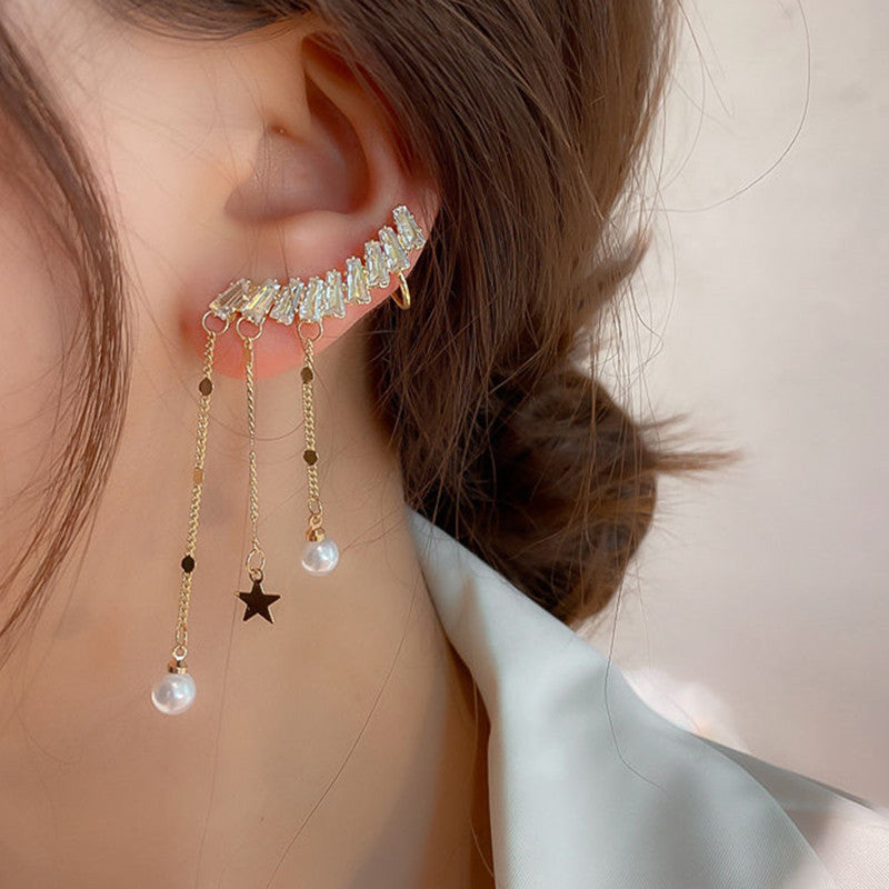 Arzonai needle zircon pearl asymmetrical tassel earrings temperament personality long stud earrings women