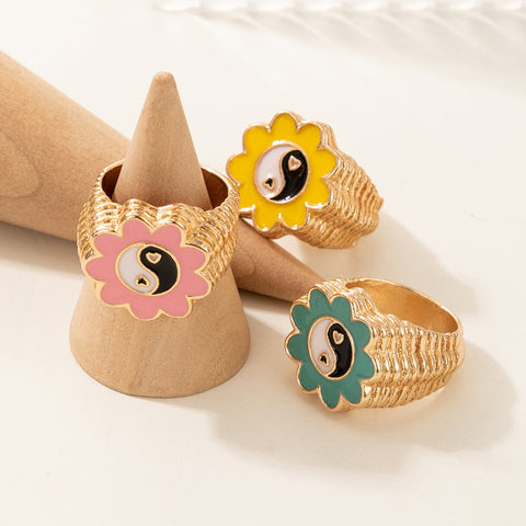 Arzonai Japanese and Korean new simple fashion flower gossip ring set ins style cute and fun Tai Chi ring 3-piece set