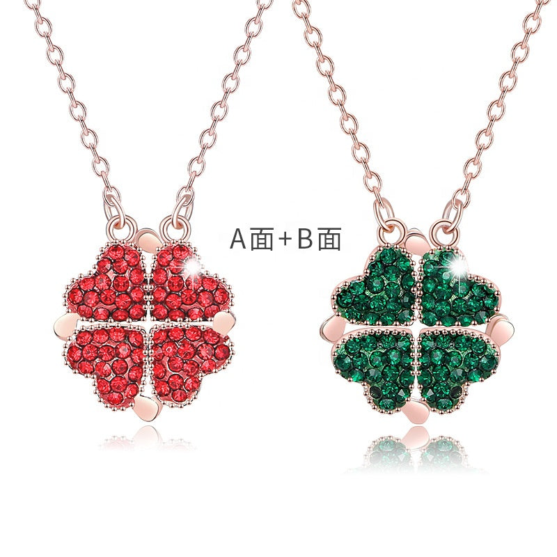 Arzonai Fashion Four Leaf Clover Necklace Love Heart Magnetic Folding Pendant Rose Gold Clavicle Chain Single Side Double Side (Gold Chain + (Red and Green)