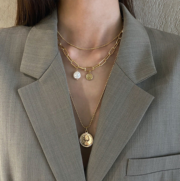 Arzonai bohemian geometric pearl Coin choker collar Necklace for Women & Girls