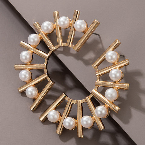 Arzonai fan-shaped pearl earrings temperament personality small flower semicircle simple time OL ladies earrings