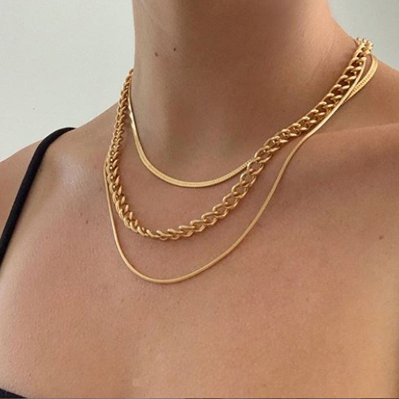 Arzonai Fashion Simple Multilayer Thick Chain Stacked Necklace European and American Creative Personality Three-layer Clavicle Snake Bone Chain