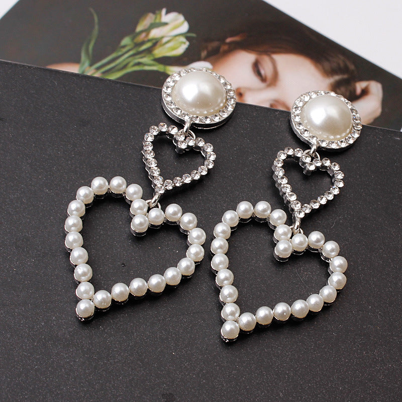 Arzonai Crystal Dangle Earrings for Women Gift Temperament Heart Shape Full Diamond Pearl