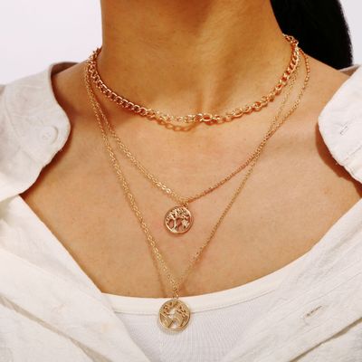 Arzonai Trendy Multilayer Cuban Chain Choker Necklace Life of Tree Map Pendant Necklace for Women
