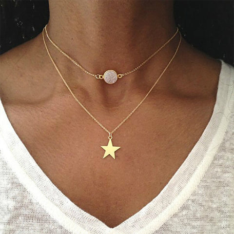 Arzonai The new five-pointed star frosted gemstone multi-layer necklace foreign social platform two-layer pendant necklace jewelry