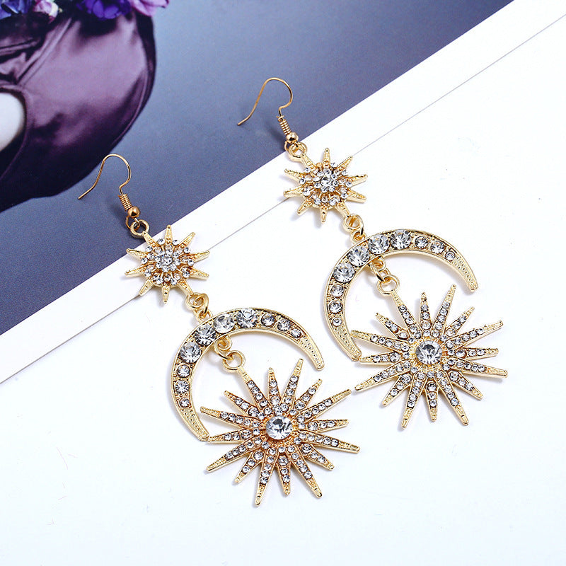 Arzonai European and American explosion models exaggerated fashion exquisite rhinestone geometric star earrings earrings sun moon retro earrings women