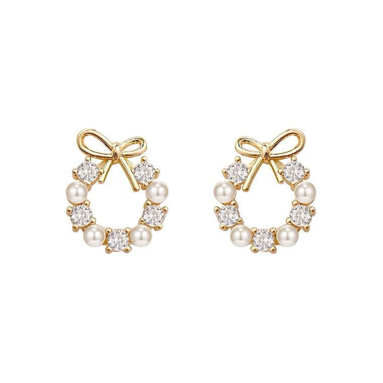 Arzonai bow stud earrings female Korean trendy temperament earrings net red pearl diamond garland round earrings