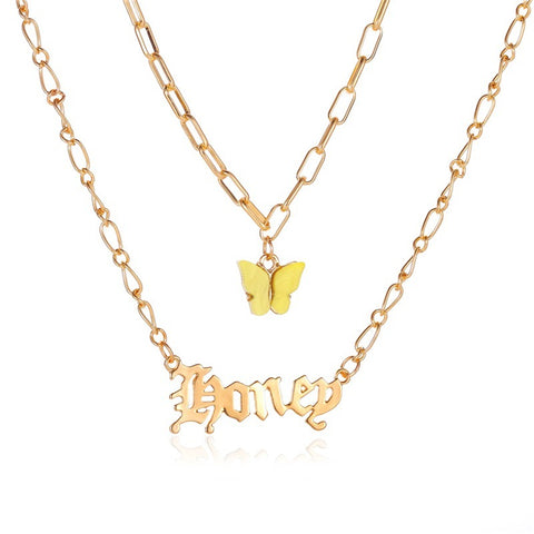Arzonai European and American double layer acrylic butterfly necklace Fashion letter Honey pendant Necklace for women and Girls