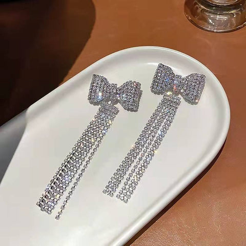 Arzonai 2022 high-end flashing diamond three-dimensional double-sided diamond flashing bow tassel long earrings for women and Girls
