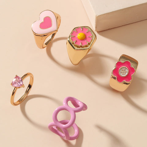 Arzonai pink oil drop love flower ring female ins wind sweet girl heart index finger ring