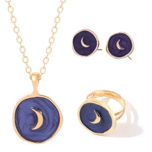 Arzonai Simple Fashion Gold Color Coin Heart Necklace Enamel Stars Moon Necklace Stainless Steel Enamel Heart Round Pendant Necklace Set