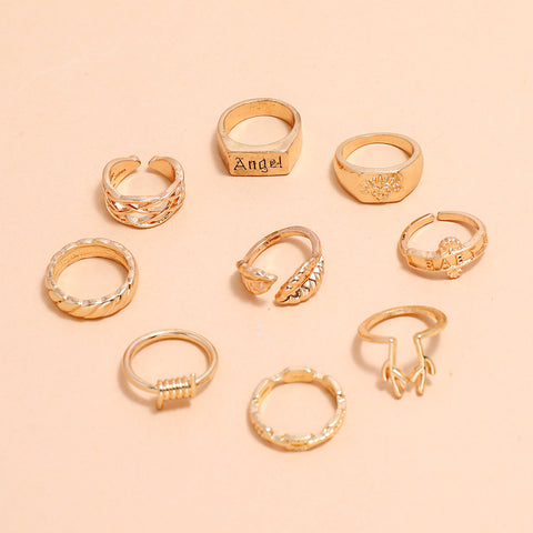 Arzonai  fashion personality geometric ring Baby Angel antler mesh thorn leaf joint ring 9-piece set