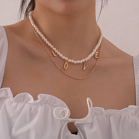 Arzonai European and American cross-border jewelry Fashion pearl geometric double-layer chain necklace women Popular English LOVE letter item