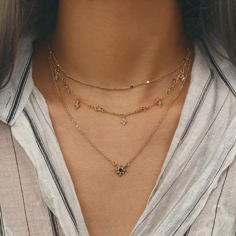Arzonai European and American popular cross-border fashion new women's multi-layer star pendant necklace handmade diamond combination necklace