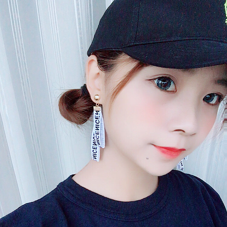 Arzonai Korean super fairy personality letter ribbon cloth earrings temperament long ribbon earrings earrings earrings female