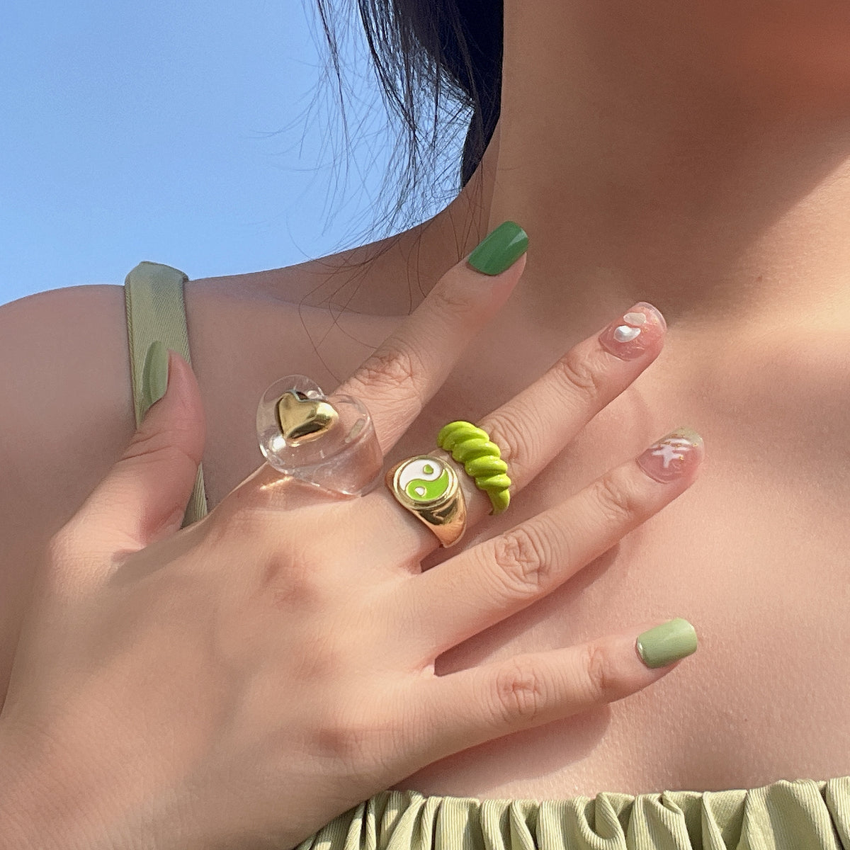 Arzonai street style sweet cool green Tai Chi thread suit ring personality punk heart-shaped