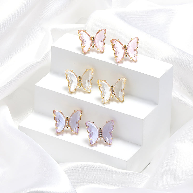Arzonai Shiny Pink Color Glass Butterfly Stud Earrings Clear Crystal Butterfly Earrings For Girls Gift