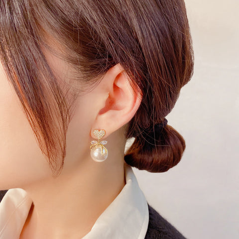 Arzonai Korean fashion all-match net red love big pearl earrings female temperament elegant bow earrings for women and Girls