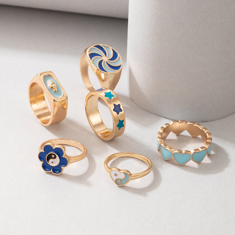 Arzonai style ring Blue Taichi Five-Solid Star Flower Love Windmill 6-piece Drop Oil Ring