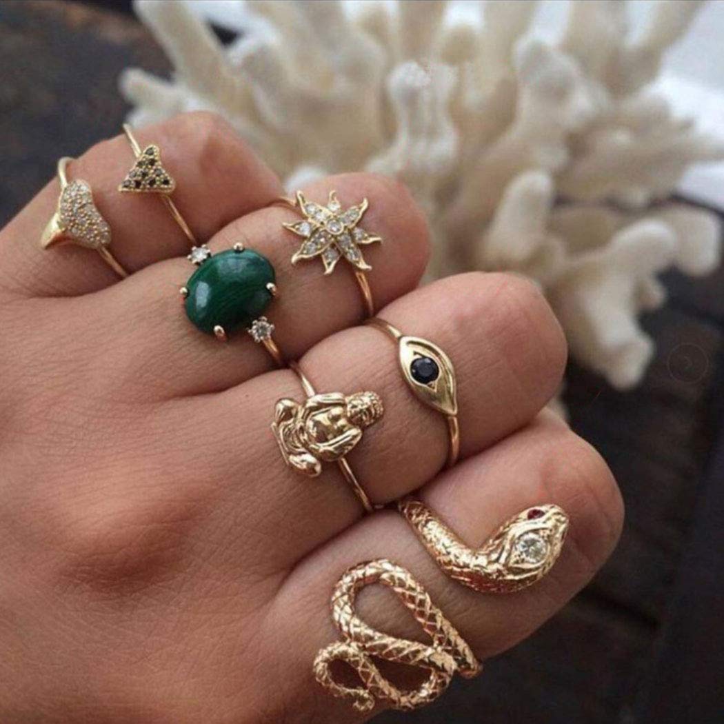 Arzonai 7 Pieces Gold Boho Ring Sets Stackable Knuckle Ring Vintage Snake Finger Rings Set Stacking Joint Midi Rings Sets for Women Girls Teens