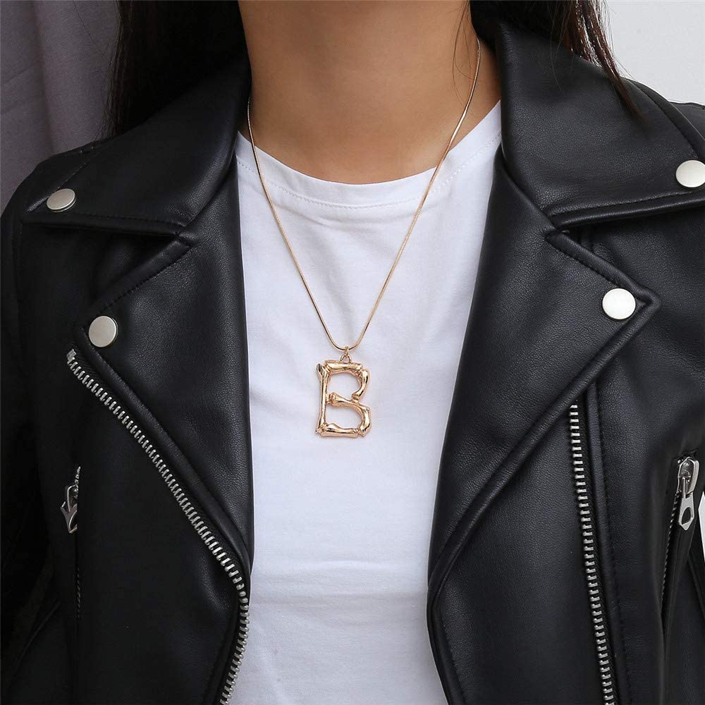 Arzonai Statement Bamboo Necklace Mens Womens Stainless Steel Big Bamboo Initial Letter Pendant Necklace 20 Inch