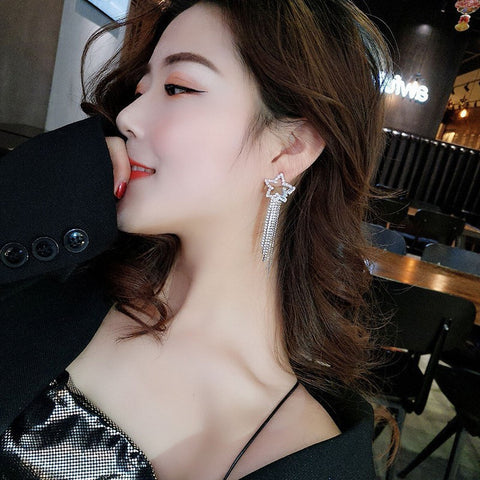 Arzonai 2022 new trendy Korean full diamond five-pointed star long tassel earrings female net celebrity trend high-end light luxury earrings