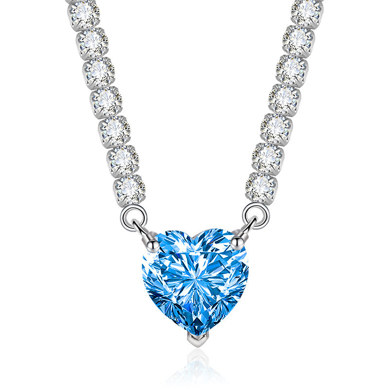 Arzonai Europe and the United States new luxury color treasure set inlaid sea blue topaz necklace heart-shaped clavicle chain pink diamond tennis chain