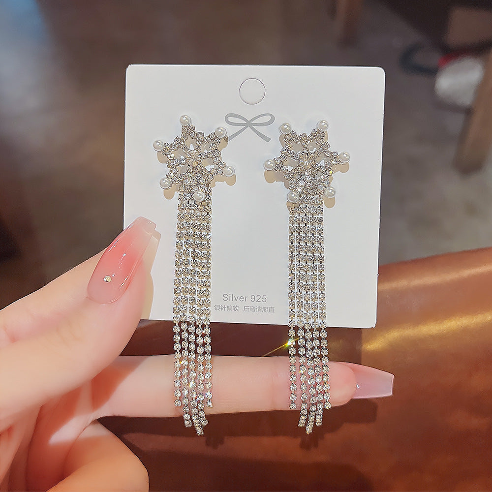 Aroznai Super flashing snowflake tassel earrings 2022 new trendy Korean temperament long section show face thin exaggerated high-end earrings