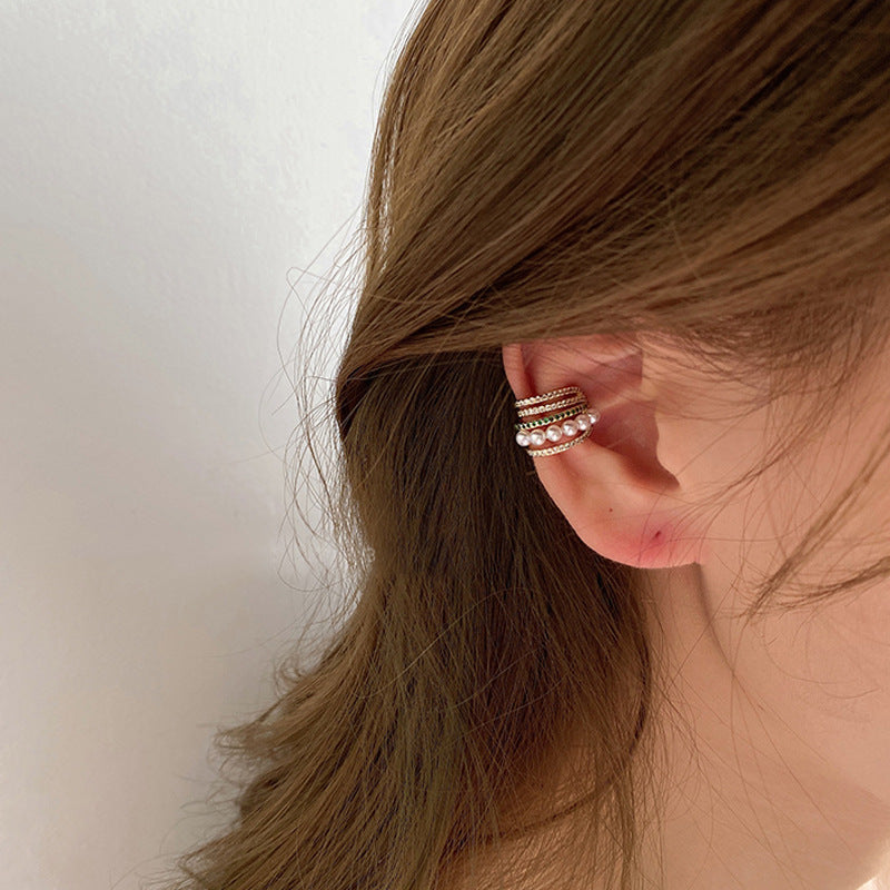 Arzonai  1Pcs High-quality ear clips without ear holes female multi-layer circle pearl retro ear bone clip fairy spirit super fairy earrings