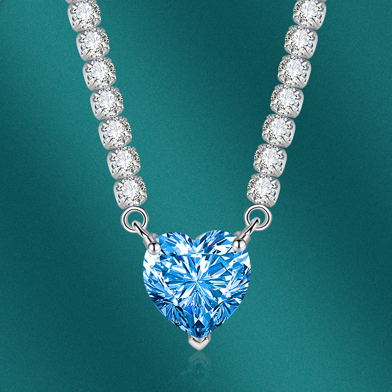 Arzonai Europe and the United States new luxury color treasure set inlaid sea blue topaz necklace heart-shaped clavicle chain pink diamond tennis chain