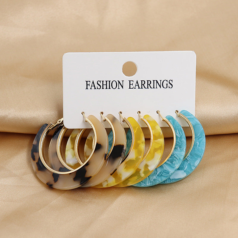 Arzonai 2022  Hot Selling Acetate Plate C-shaped Ring Earrings Women's Geometric 3 Pairs Earrings Set