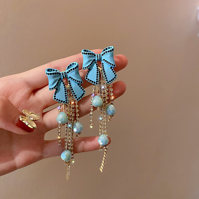 Arzonai XIALUOKE Vintage Blue Bow Dangle Earrings For Women Elegant Cute Long Tassel Crystals Beads Party Earrings Accessories