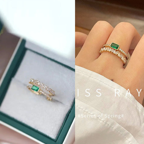 Arzonai 2022 new emerald green open double ring female fashion personality temperament simple retro ins tide ring