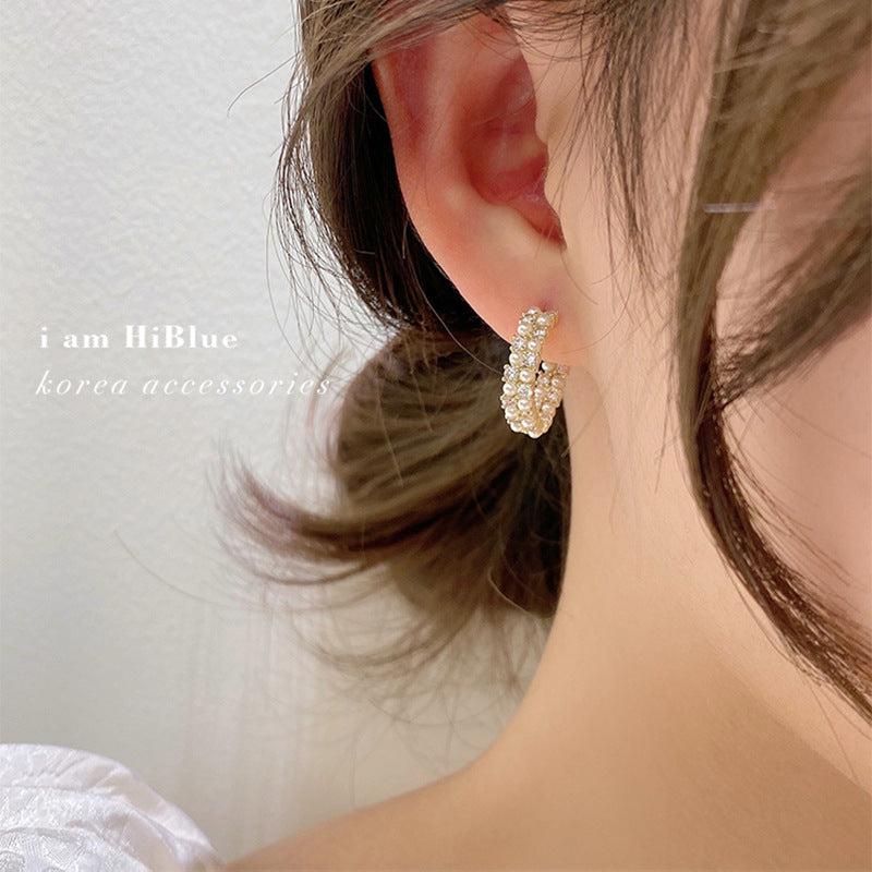 Arzonai needle rhinestone pearl earrings hoop C-shaped earrings 2022 new Korean fashion temperament earrings earrings for women