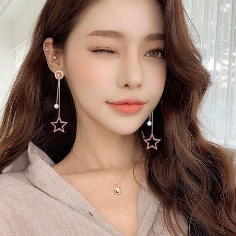 Arzonai Korean version of the long love earrings 925 silver needle five-pointed star earrings a two-wear super flash fashion earrings can be removed