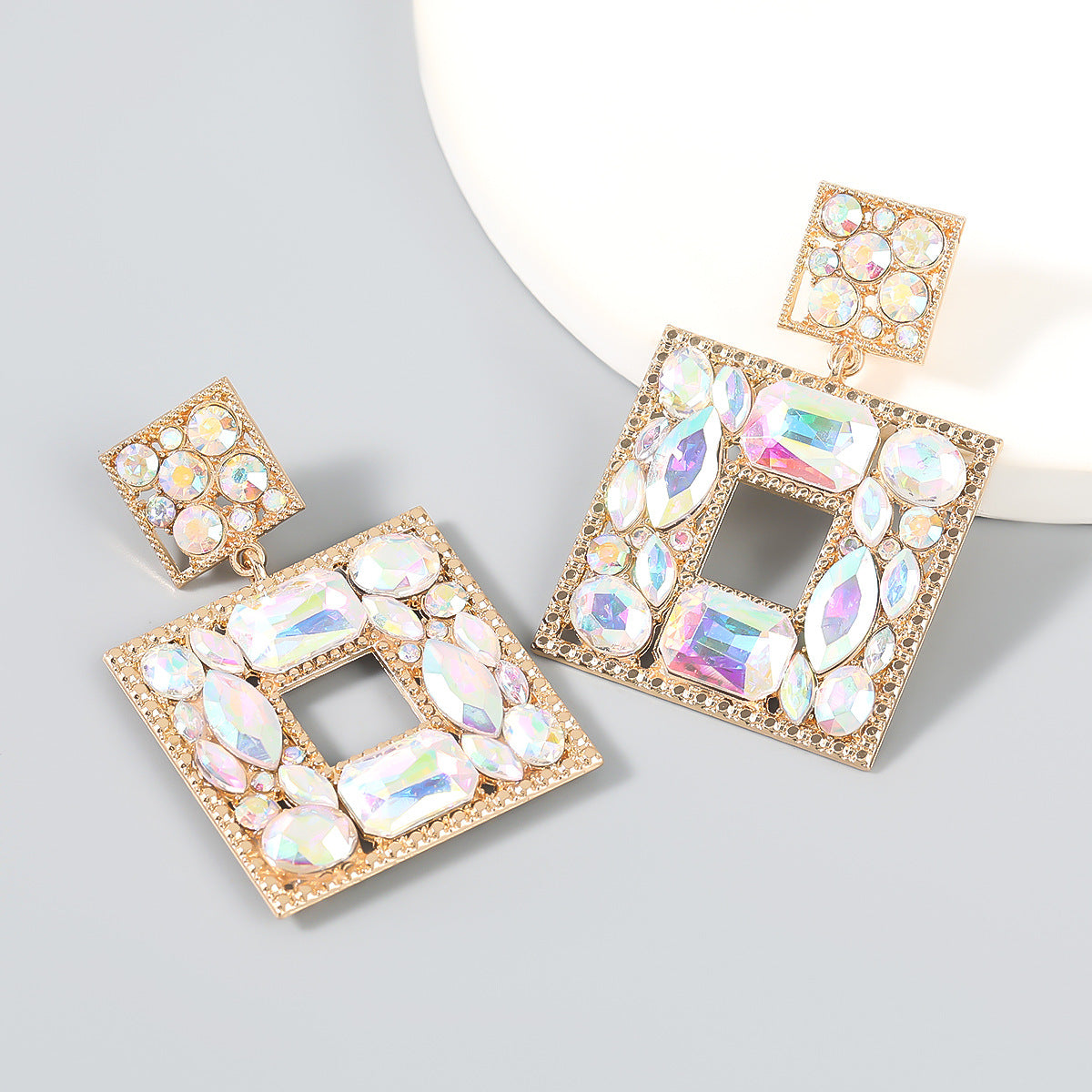 Arzonai European and American fashion colored diamond series alloy diamond-encrusted glass diamond multi-layer square earrings women's trend party cross