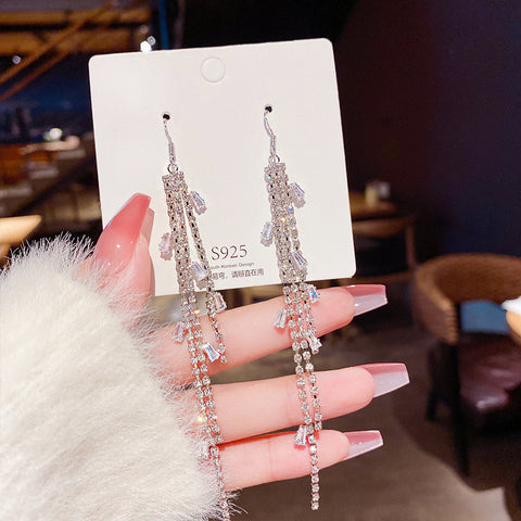 Arzonai New exquisite zircon tassel earrings female ethnic style fashion lady fairy earrings Korean temperament ins earrings