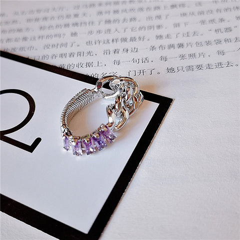 Arzonai Simple purple square zircon ring women's various wearing methods chain stitching index finger ring ring super flash diamond ring cool ring