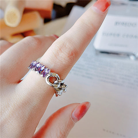 Arzonai Simple purple square zircon ring women's various wearing methods chain stitching index finger ring ring super flash diamond ring cool ring