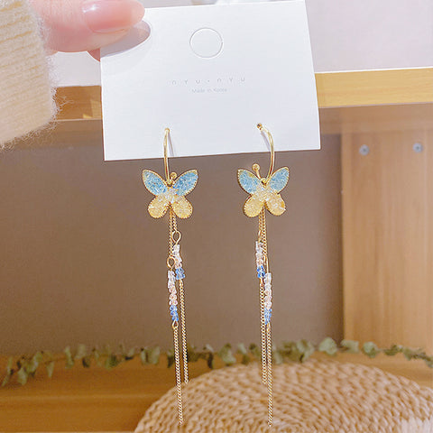 Arzonai 925 silver needle butterfly tassel earrings female net celebrity ins earrings Korean temperament all-match crystal a pair of earrings