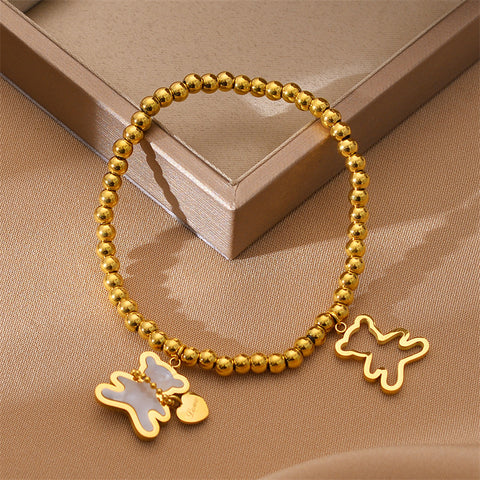 Arzonai Cartoon Light Luxury Beaded Titanium Steel Bracelet Bear Inlaid Shell Elastic Bracelet Cute Fritillary Bear Love Bracelet