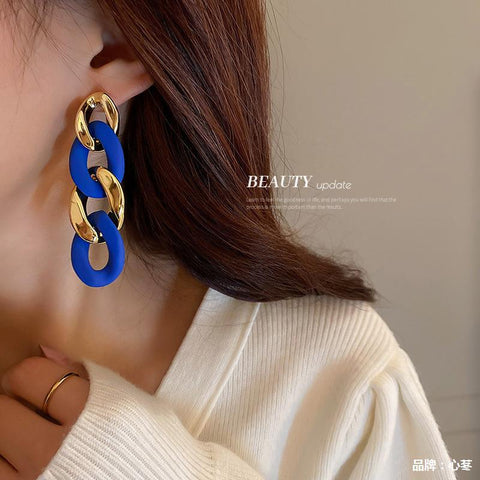 Arzonai Klein Blue 925 Silver Needle Geometric Circle Chain Earrings Personality Temperament Earrings Ins Premium Korean Earrings